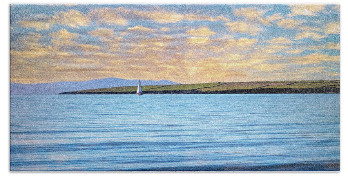 Boats Bath Towel featuring the photograph Lone White Sailboat in Ireland by Debra and Dave Vanderlaan