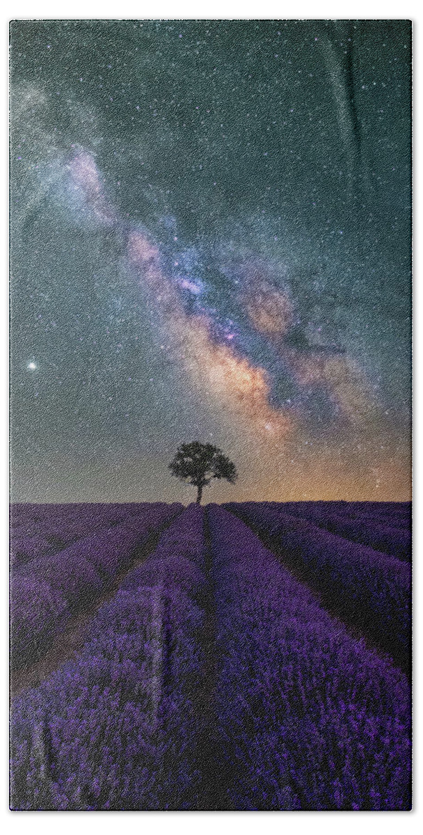 Lavender Bath Towel featuring the photograph Lonely Tree in a Lavender Field under the Milky Way by Alexios Ntounas