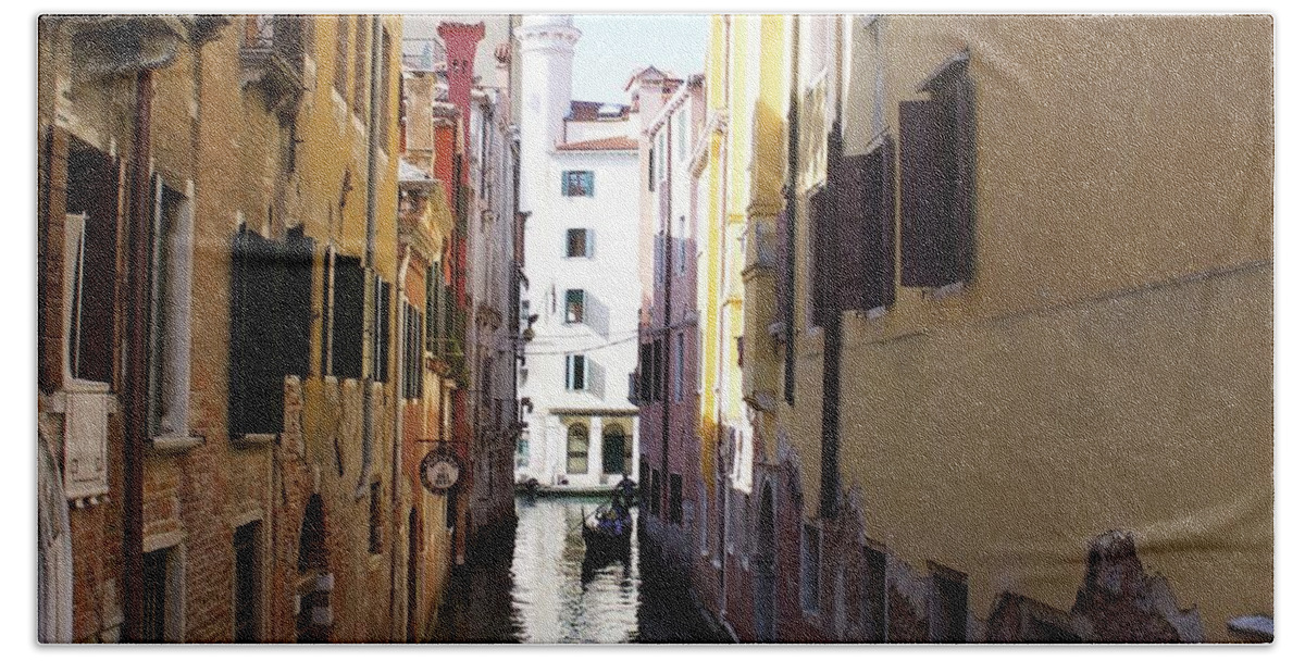 Gondola Bath Towel featuring the photograph Lonely waterway in Venice by Yvonne M Smith