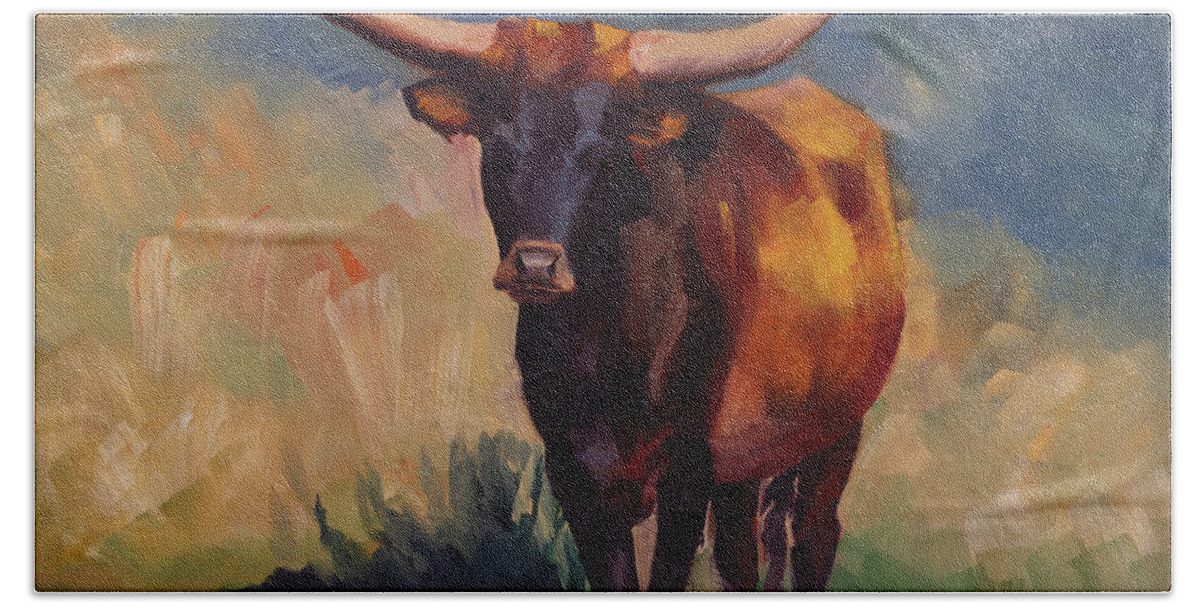 Cow Hand Towel featuring the painting Longhorn Cow by Jordan Henderson