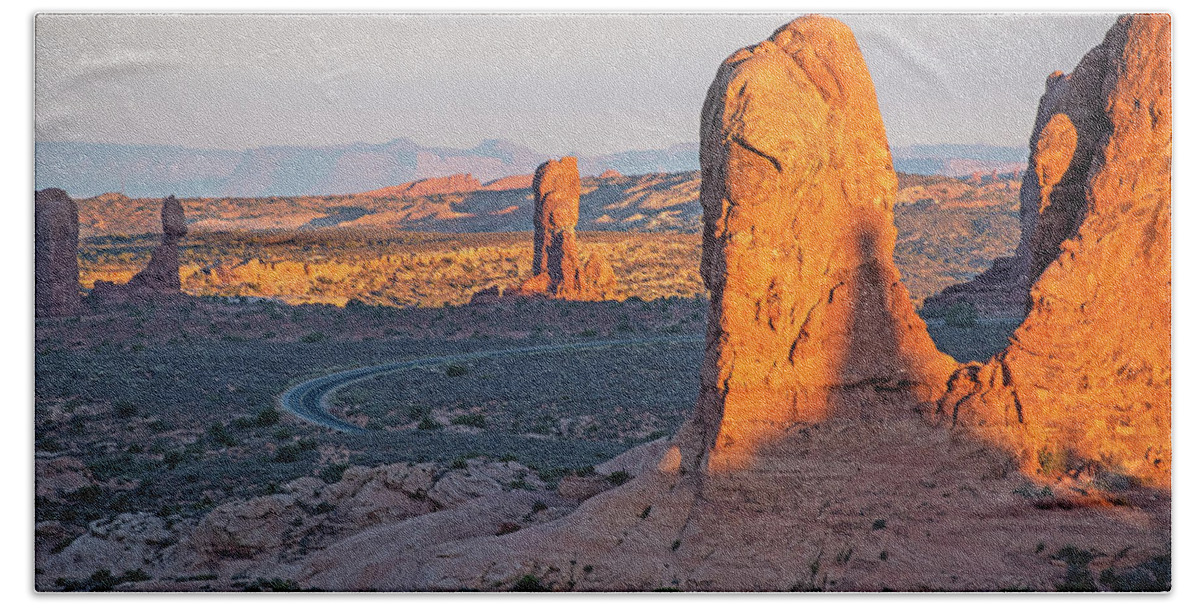 Arches Bath Towel featuring the photograph Looking down on Arches National Park in Moab Utah by Toby McGuire