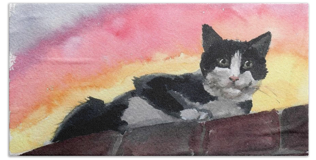 Black And White Cat Bath Towel featuring the painting Looking in by Mimi Boothby