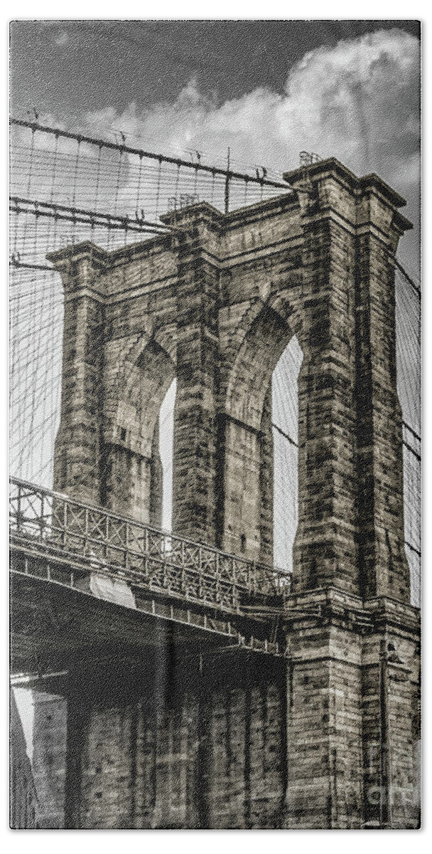 Bridge Bath Towel featuring the photograph Looking Up at the Brooklyn Bridge by Nick Zelinsky Jr