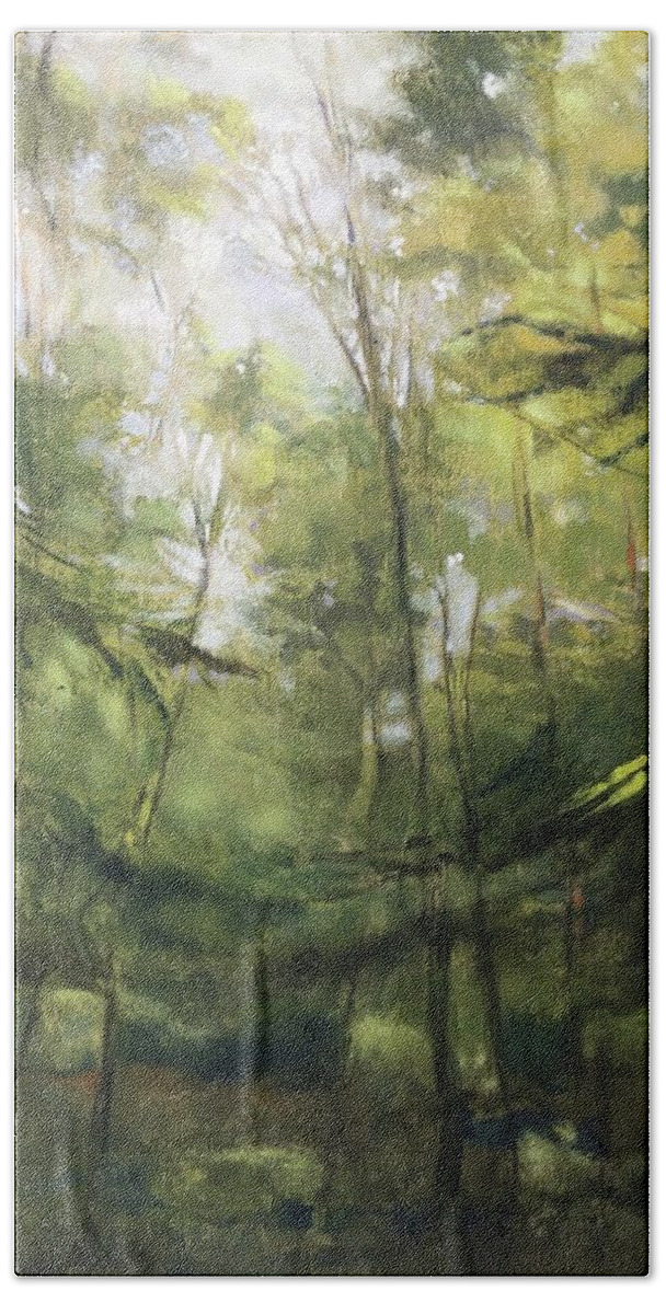 Forest Bath Towel featuring the painting Looking Up by Barbara Hranilovich