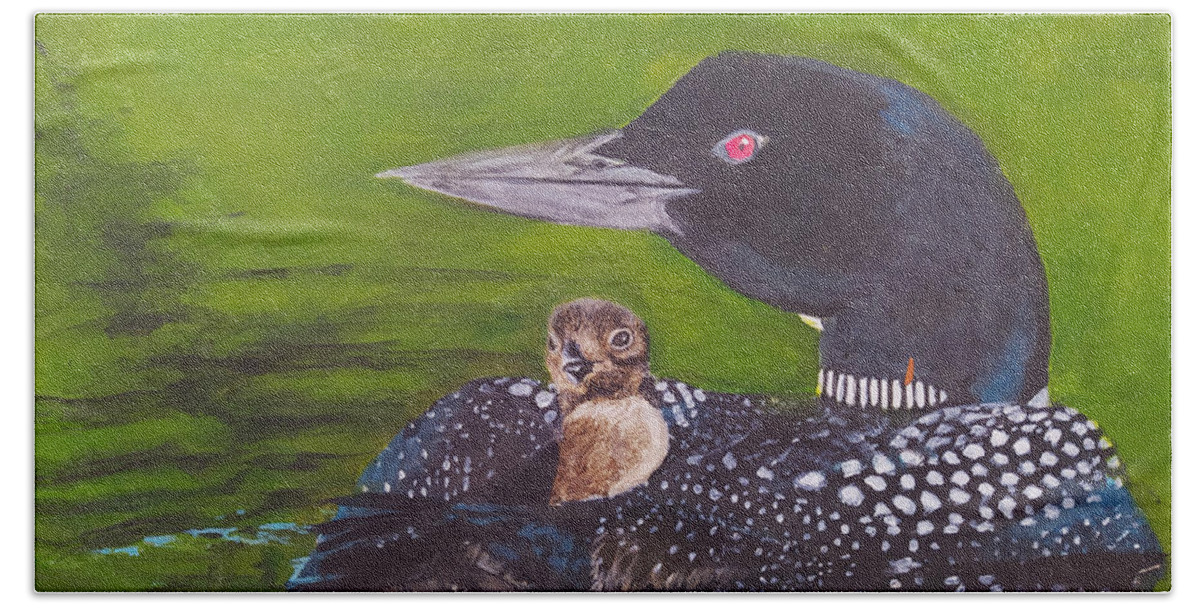 Loon Bath Towel featuring the painting Loons on a Lake by Sylvia Brallier