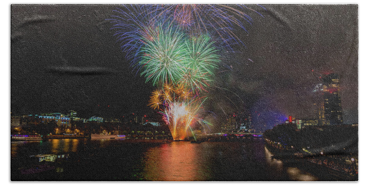 Thames Bath Towel featuring the photograph Lord Mayor firework show in London by Andrew Lalchan
