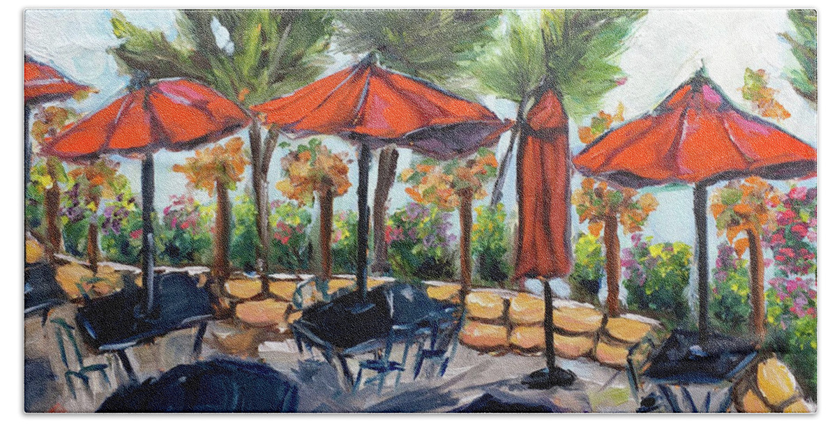 Temecula Wine Country Bath Towel featuring the painting Lorenzi Estate Wine Club Terrace for Members Only by Roxy Rich