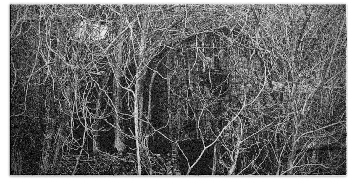  Bath Towel featuring the digital art Lost In The Trees B/W by Fred Loring