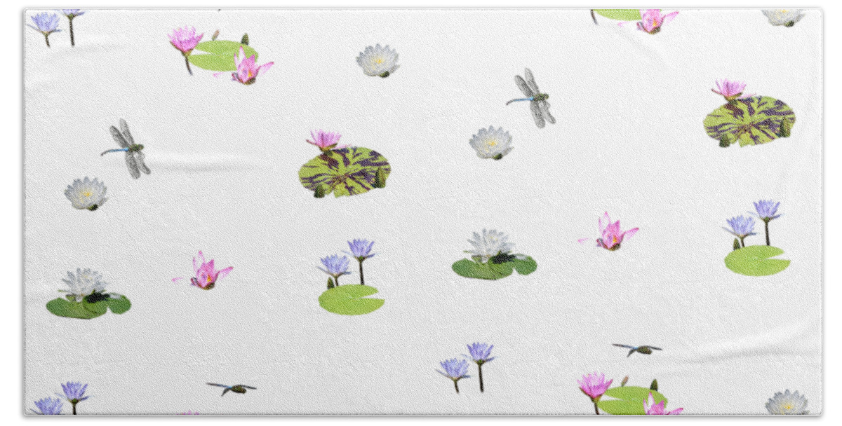 Lotus Flower Bath Towel featuring the photograph Lotus Flowers and Dragonflies Summer Pattern by Colleen Cornelius