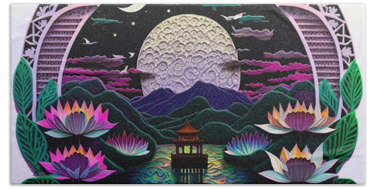 Paper Craft Bath Towel featuring the mixed media Lotus Pier I by Jay Schankman