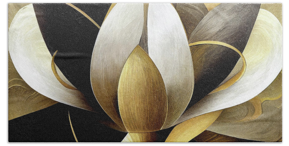 Abstract Hand Towel featuring the mixed media Lotusflower Gold by Jacky Gerritsen
