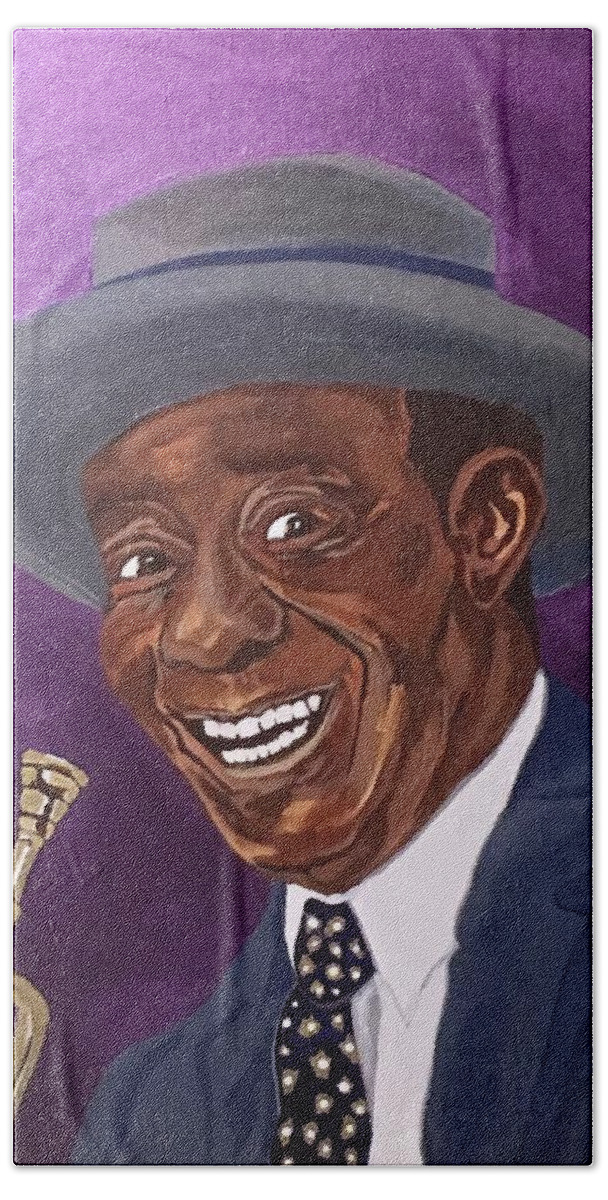 Louis Armstrong Bath Towel featuring the painting Louis Sporting a New Hat by Bill Manson