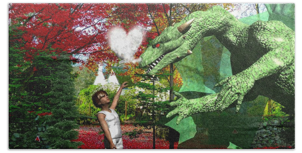 Digital Dragon Love Fantasy Bath Towel featuring the digital art Love is a Dragon by Bob Shimer
