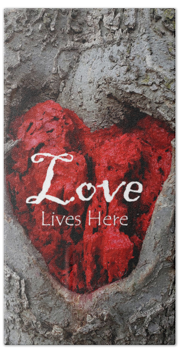 Love Hand Towel featuring the photograph LOVE LIVES HERE Red Heart In a Tree by Lynnie Lang