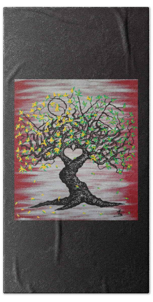 Love Hand Towel featuring the drawing Love- Love Tree with foliage by Aaron Bombalicki