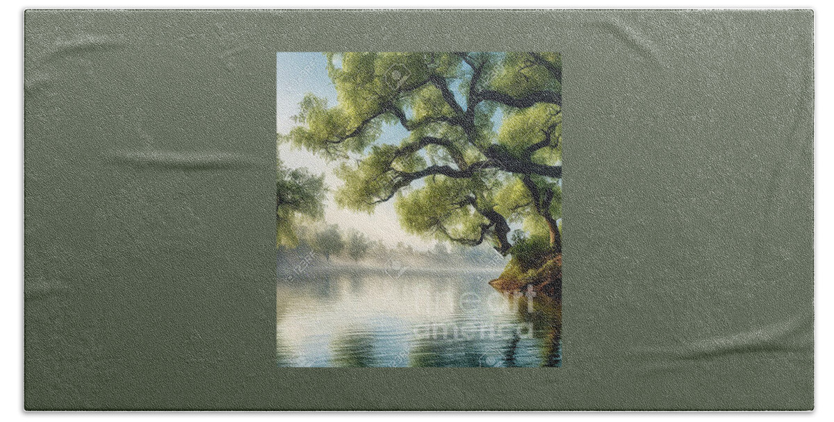 Ai Bath Towel featuring the digital art Lovely water and tree landscape by Stanley Morganstein