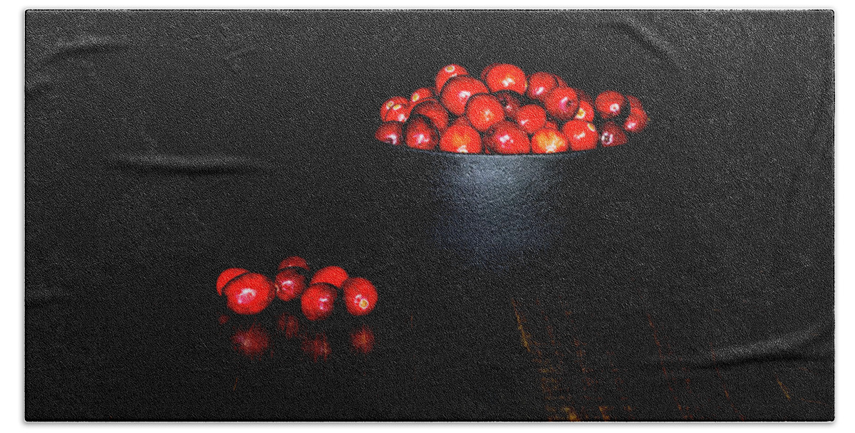 Tabletop Bath Towel featuring the photograph Low Key Cranberries in Black Bowl on Brown Base by Charles Floyd