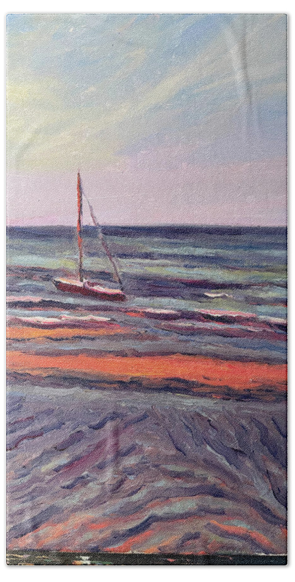 Beach Tide Boat Cape Cod Brewster Hand Towel featuring the painting Low Tide by Beth Riso