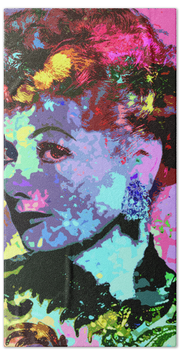 Lucille Ball Bath Towel featuring the digital art Lucille Ball psychedelic portrait by Movie World Posters