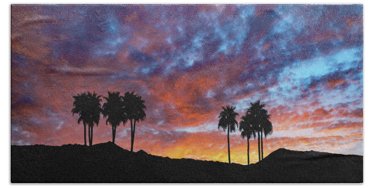 Sunset Bath Towel featuring the photograph Luminous Desert Sunset Skies Behind Palm Trees, Palm Desert California by Bonnie Colgan