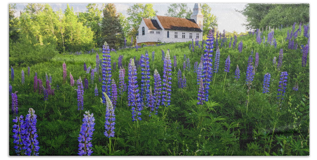 Lupine Bath Towel featuring the photograph Lupines by Saint Matthew's Chapel in Sugar Hill, New Hampshire I by William Dickman