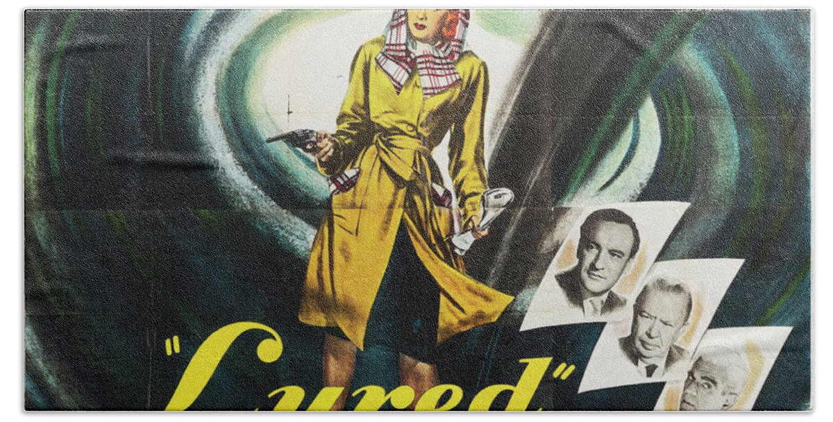 Synopsis Hand Towel featuring the mixed media ''Lured'', 1947 by Movie World Posters