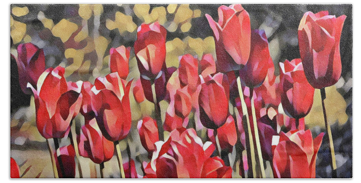 Floral Painting Bath Towel featuring the digital art Luscious Red Tulips by Mary Gaines