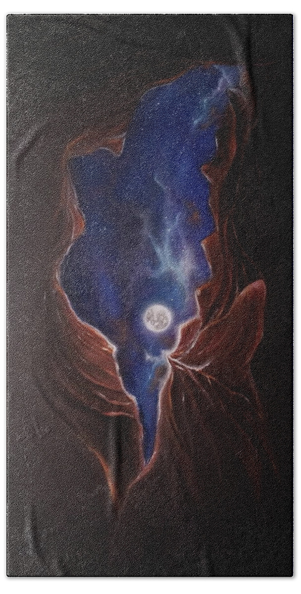 Slot Canyon Bath Towel featuring the painting Lux Noctis by Neslihan Ergul Colley