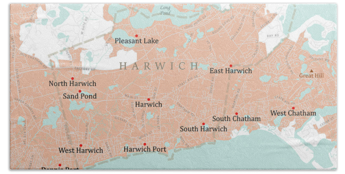 Massachusetts Hand Towel featuring the digital art MA Barnstable Harwich Vector Road Map by Frank Ramspott