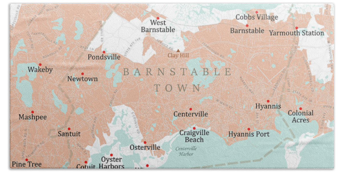 Massachusetts Hand Towel featuring the digital art MA Barnstable Town Vector Road Map by Frank Ramspott