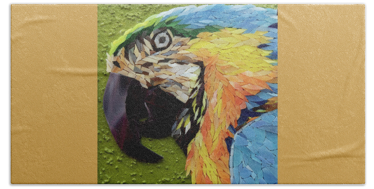 Macaw Bath Towel featuring the glass art Mackey the Blue and Yellow Macaw by Adriana Zoon