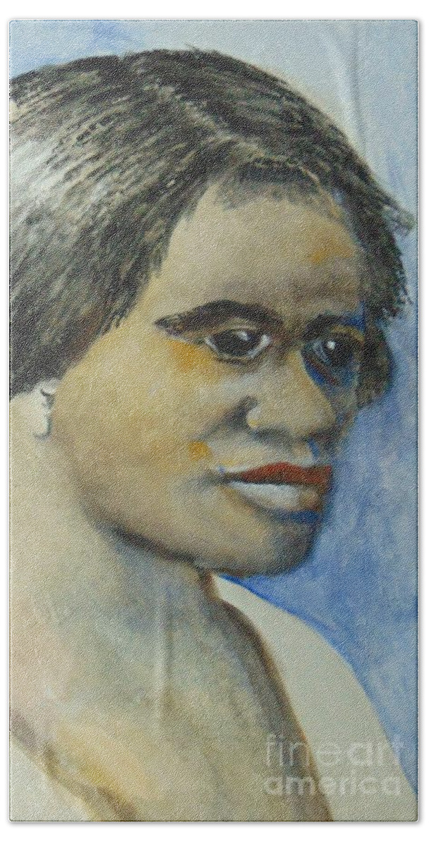 Beauty Products Bath Towel featuring the painting Madam CJ Walker by Saundra Johnson