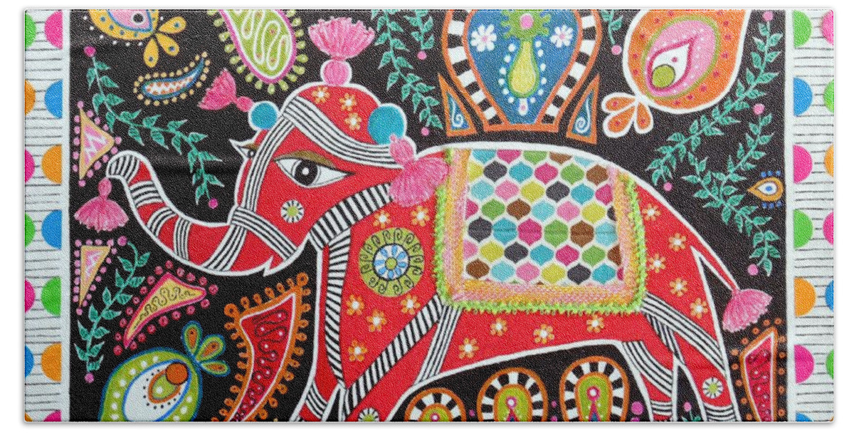Madhubani Bath Towel featuring the mixed media Madhubani Elephant by Jayne Somogy