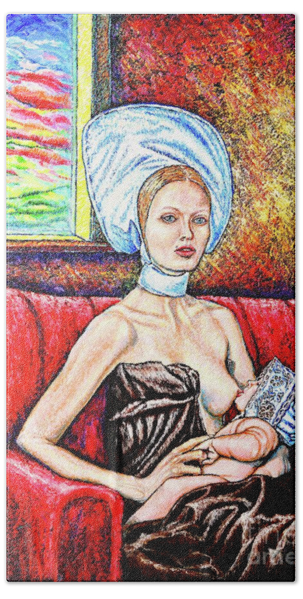  Madonna Bath Towel featuring the painting Madonna and baby by Viktor Lazarev