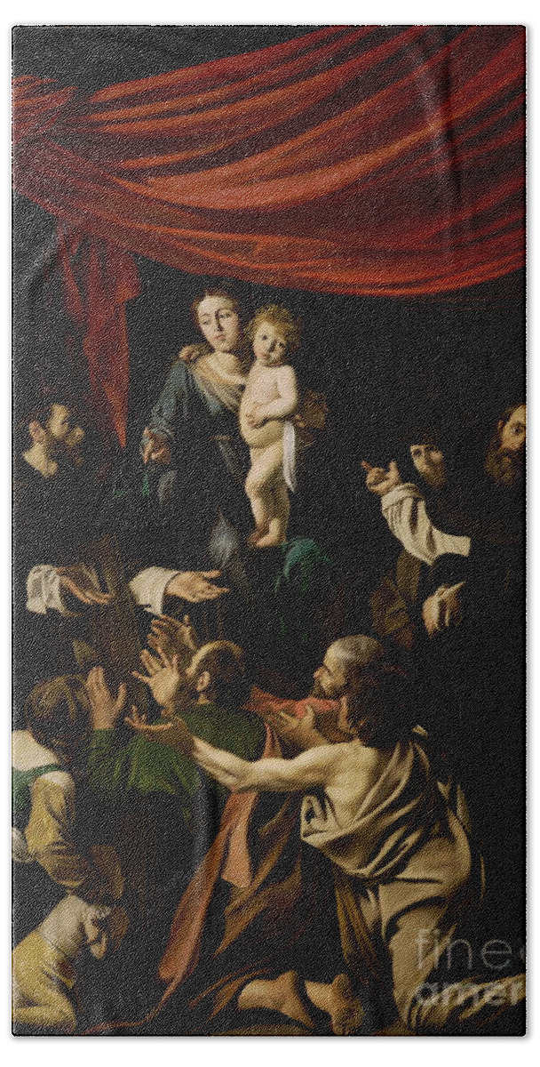 Michelangelo Merisi Da Caravaggio Bath Towel featuring the painting Madonna of the Rosary by Michelangelo Merisi da Caravaggio
