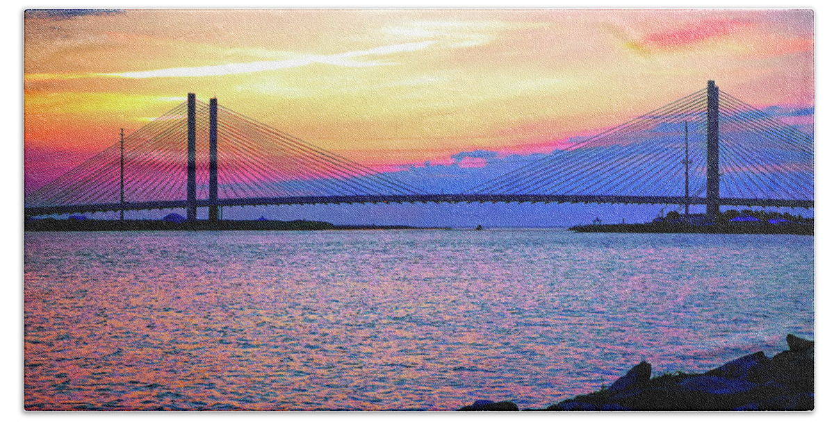 Indian River Inlet Bath Towel featuring the photograph Magenta Morning at Indian River Bridge by Bill Swartwout