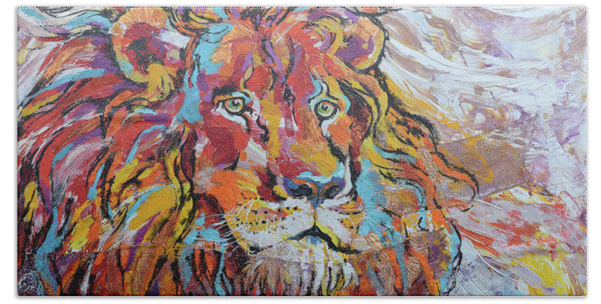 Lion Bath Towel featuring the painting Majestic Lion by Jyotika Shroff