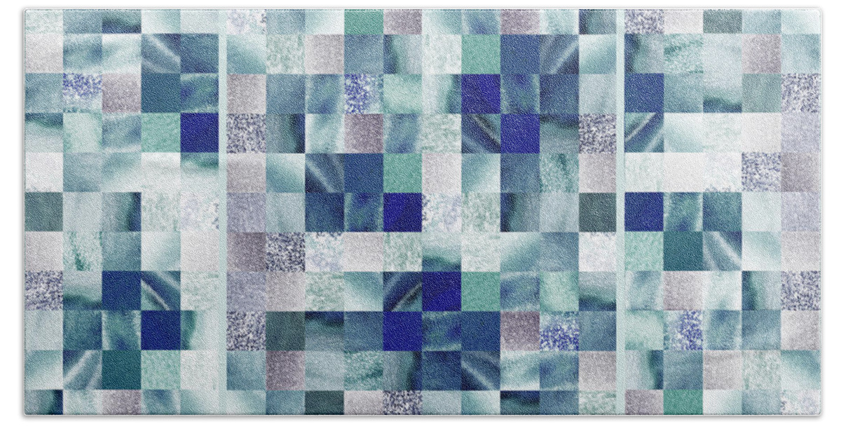Quilt Bath Towel featuring the painting Magic Blues Watercolor Squares Art Mosaic Quilt by Irina Sztukowski