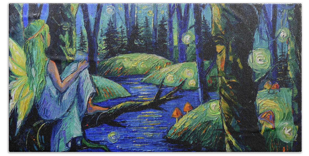 Magical Forest Bath Towel featuring the painting MAGICAL FOREST commissioned palette knife oil painting Mona Edulesco by Mona Edulesco