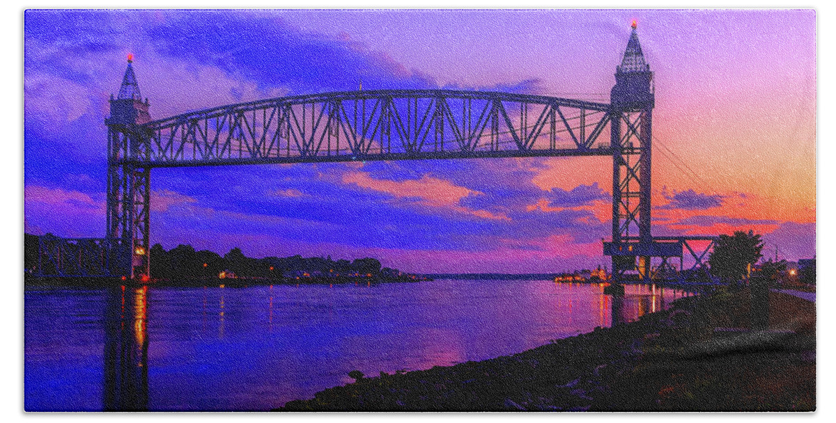 Cape Cod Bath Towel featuring the photograph Magical Sunset at the Cape Cod Railroad Bridge by Mitchell R Grosky