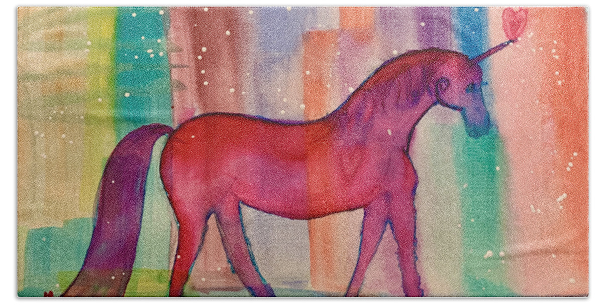 Unicorn Bath Towel featuring the painting Magical Unicorn of Love by Sandy Rakowitz