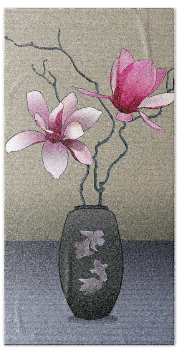 Ikebana Bath Towel featuring the digital art Magnolia in Two Fish Vase by M Spadecaller