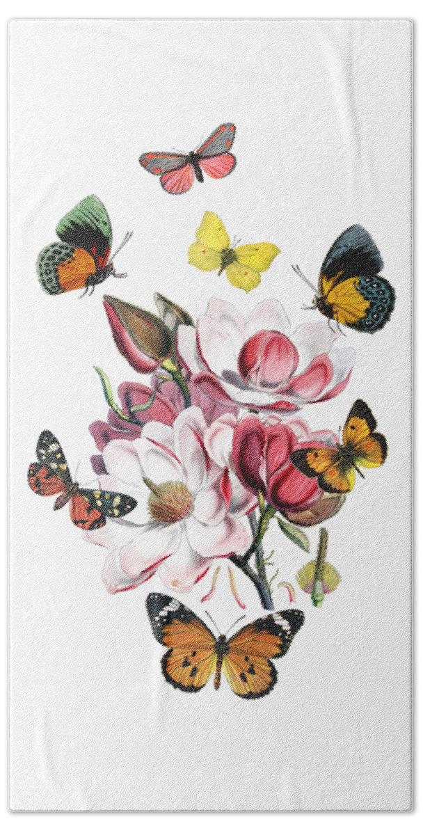 Magnolia Hand Towel featuring the digital art Magnolia with butterflies by Madame Memento