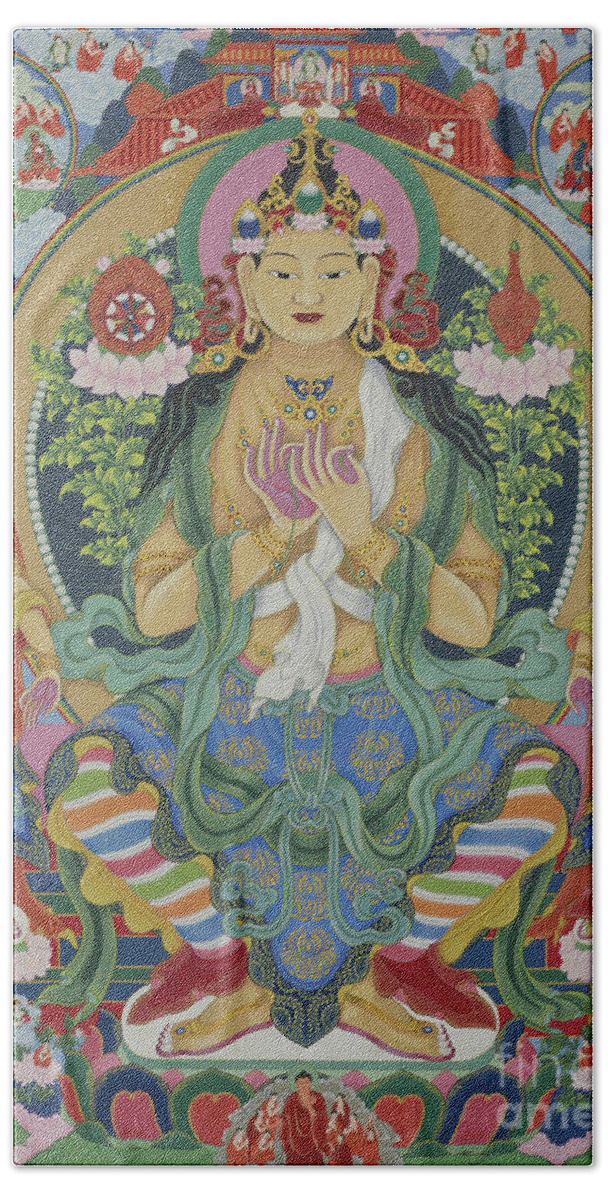 Maidar Bath Towel featuring the painting Maidar by Solongo Chuluuntsetseg