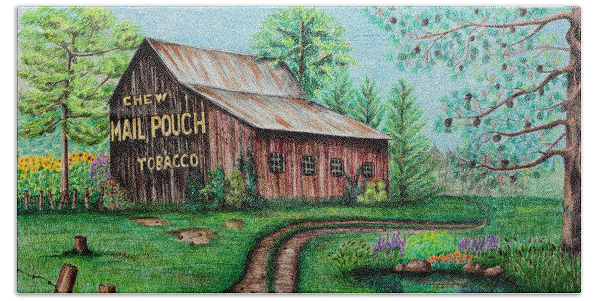 Mail Pouch Hand Towel featuring the drawing Mail Pouch Tobacco Barn by Lena Auxier