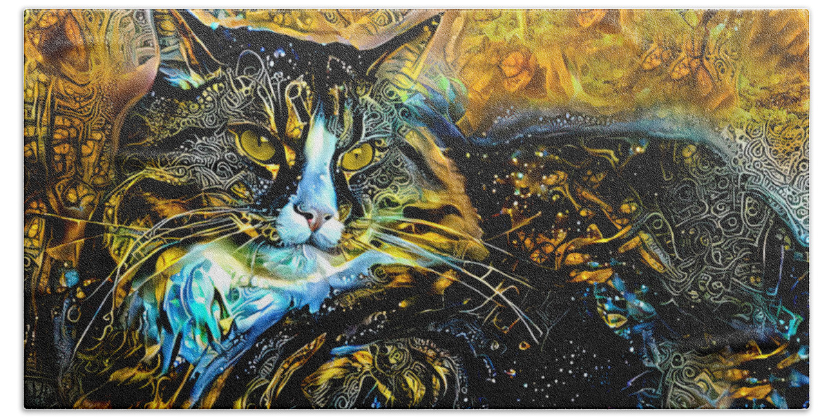Maine Coon Bath Towel featuring the digital art Maine Coon cat lying down - golden night design by Nicko Prints