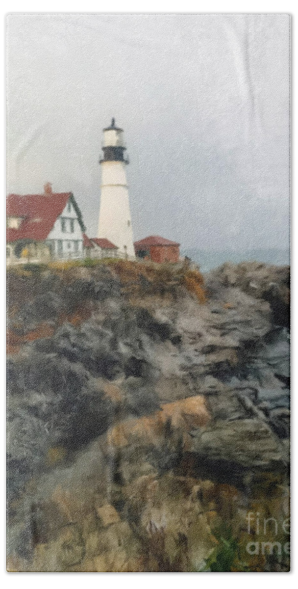 Maine Lighthouse Bath Towel featuring the painting Maine Lighthouse by Gary Arnold