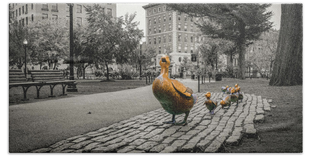 Boston Public Garden Hand Towel featuring the photograph Make Way For Ducklings Selective Coloring - Boston Public Gardens Panorama by Gregory Ballos