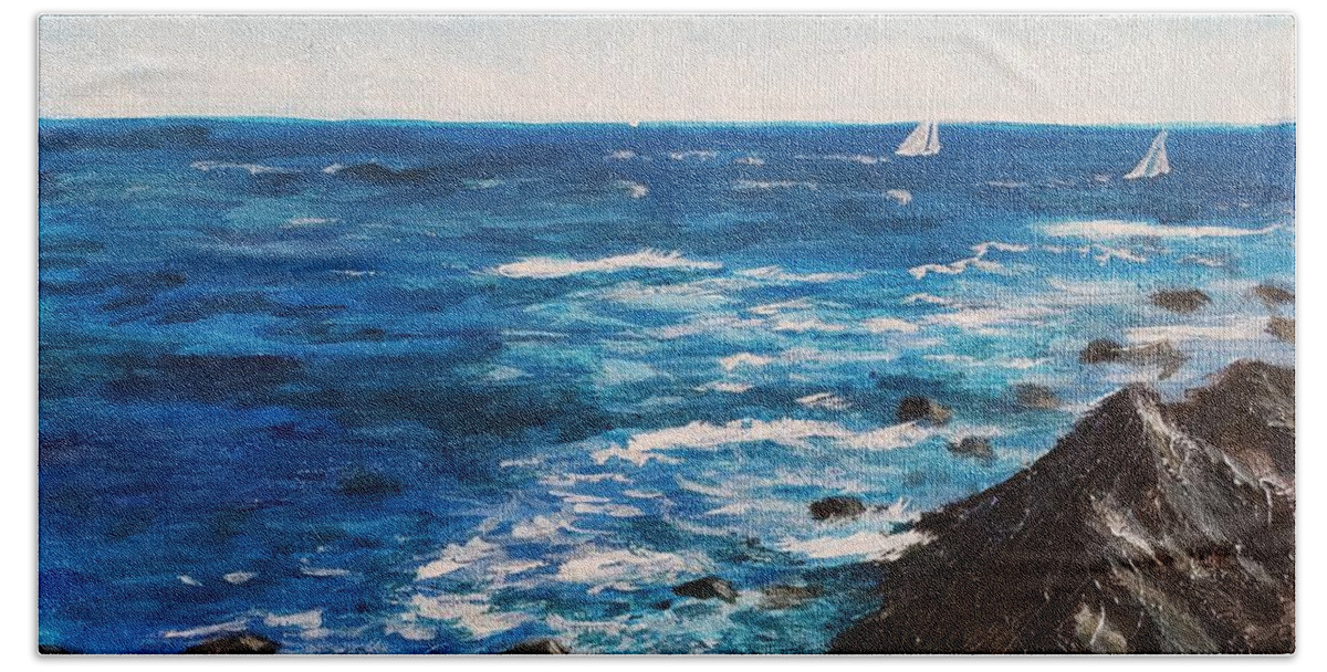Blue. White Bath Towel featuring the painting Making Waves by the Cliff Walk, Newport, Rhode Island by C E Dill