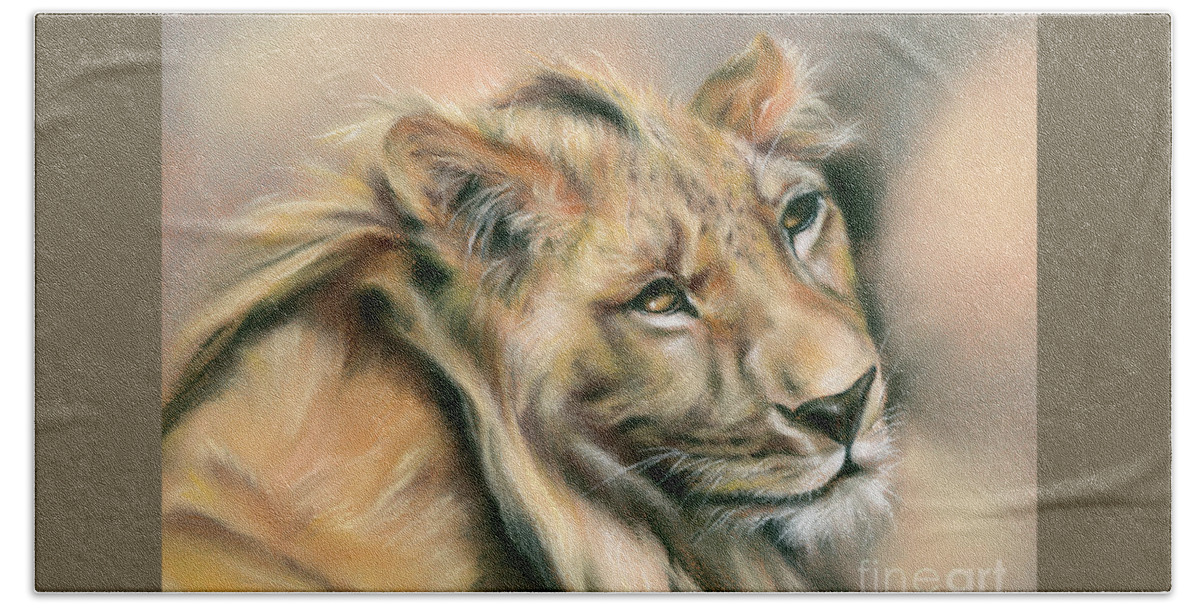 Animal Bath Towel featuring the painting Male Lion at Rest by MM Anderson